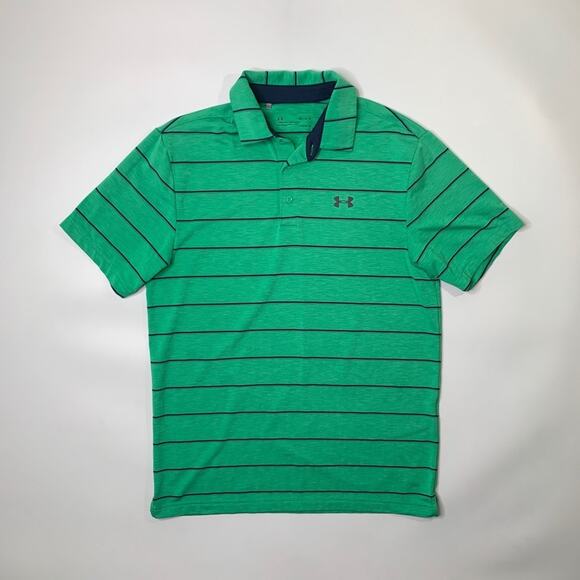 Under Armour Polo Shirt Mens M Medium Kiwi Green Heatgear Loose Fit Striped Golf - Picture 2 of 12